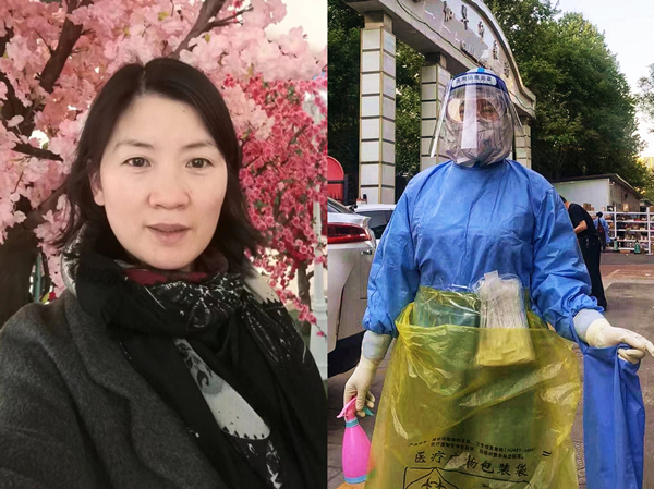 左图为生活中的聂理会；右图为志愿服务期间，为提高入户采样效率，聂理会腰里缠着咽拭子和垃圾袋，左胳膊挎着蓝色袋子放消毒后的采样管。受访者供图