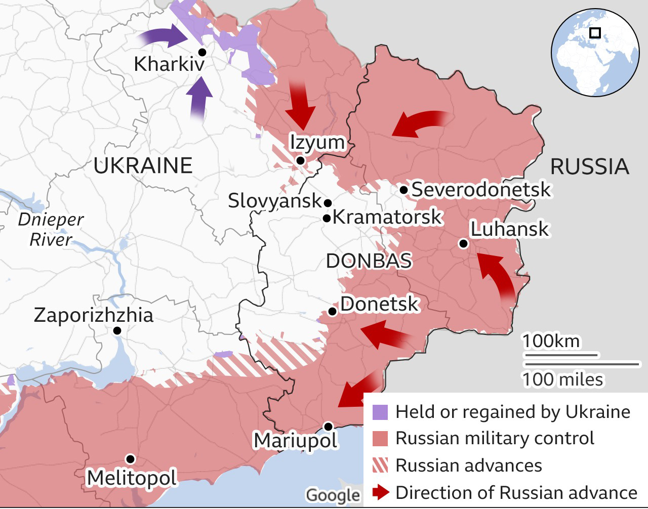 俄军在乌东地区进攻方向示意图（截至GMT 5月26日晚9点） 紫色区域：乌军控制或收复 红色区域：俄军控制 红色阴影：俄军进攻 红色箭头：俄军进攻方向