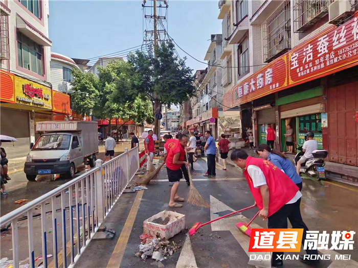 6月23日下午，道县县委副书记、县长唐超学带队到西洲公园清理杂物淤泥。（图文/何书梅）