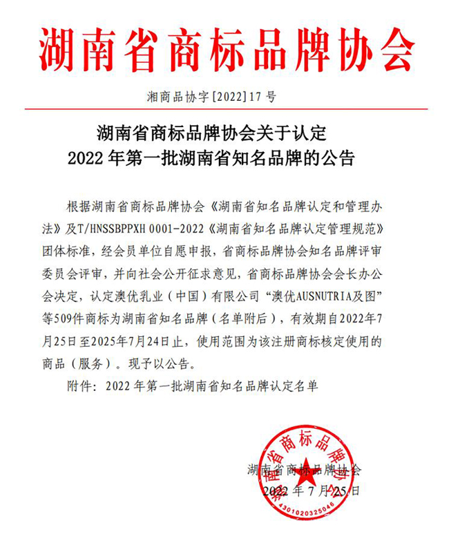 湖南省商标品牌协会公告：2022年第一批湖南省知名品牌认定名单