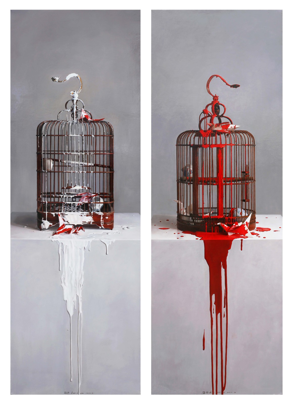 笼与鹤·伤—红与白  50×150cm×2 ,  2012.4 布面油画.jpg