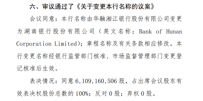 湖南银行来了！华融湘江银行更名获股东大会全票通过