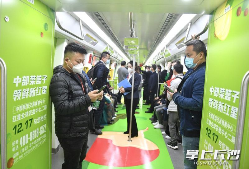 一列装饰了蔬菜、肉食、海鲜等农产品元素的长沙5号线地铁“红星号”专列从万家丽广场站驶出。均为长沙晚报全媒体记者 邹麟 摄