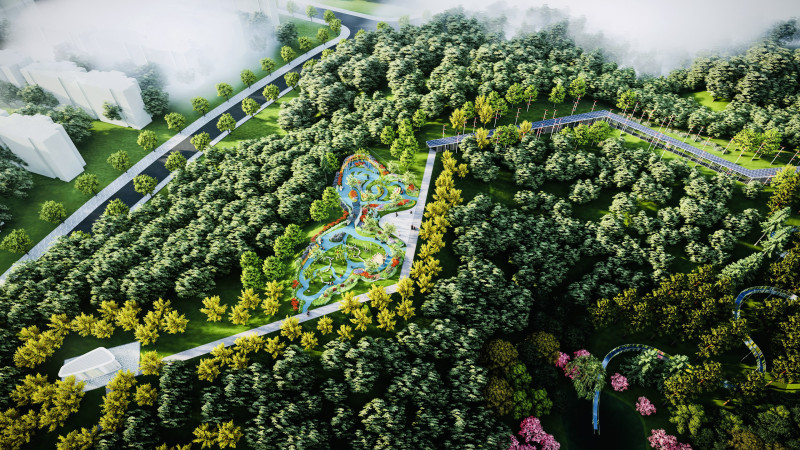 荷叶驼山体公园俯瞰效果图，一条光伏发电长廊从森林中穿过，游客零距离体验“零碳”公园的魅力。
