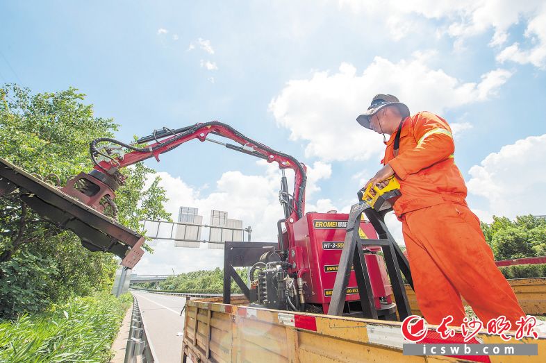 中午12时左右，“养路人”老李操作一台绿篱机对高速公路中分带绿化景观进行修剪。长沙晚报全媒体记者 郭雨滴 摄