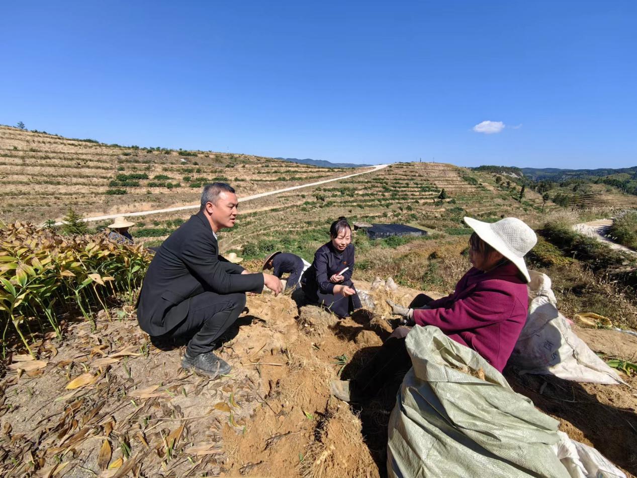 隆回县纪委监委工作人员向小沙江镇岩背村村民了解村集体经济收入情况。单位供图