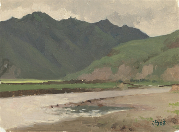 9靳尚谊：《远山》，20cm×26.5cm，纸板油画，1990年.jpg