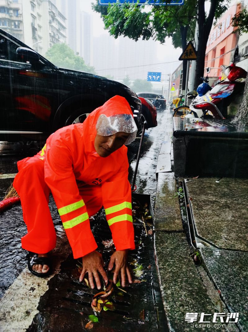 暴雨中環(huán)衛(wèi)工人在湘雅路旁徒手清除排水溝淤塞的落葉垃圾。