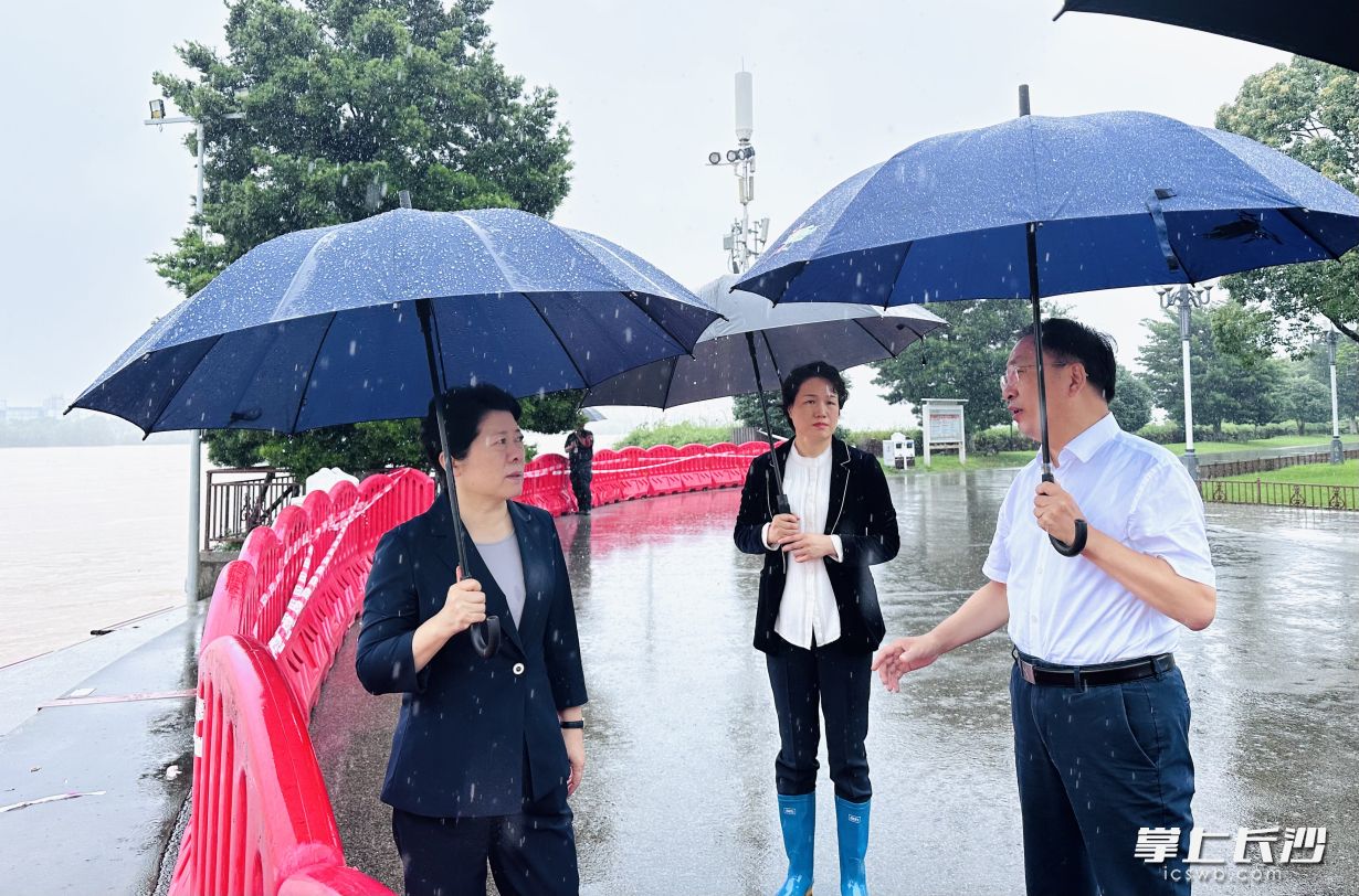 6月26日，省委常委、市委书记吴桂英在橘子洲实地察看水情水势。