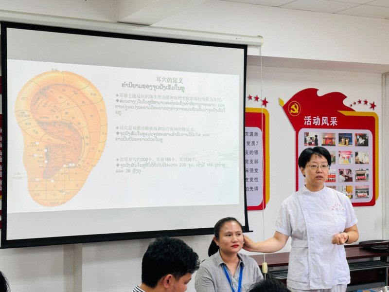 湖南中医药大学第一附属医院内分泌科护士长张建影正为老挝医生详解耳穴治疗。