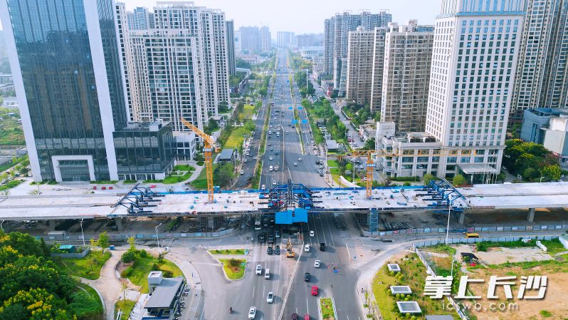 日前，兴联路大通道（过江段）项目芙蓉北路跨线桥悬浇梁中跨顺利合龙。 均为长沙晚报全媒体记者王志伟摄