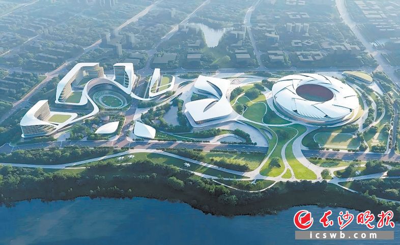 　　长沙奥体中心项目建筑面积约55万平方米，包括约6.5万座的主体育场、1.8万座的综合体育馆和4000座的游泳跳水馆，未来可承载具有国际水准的各项重大赛事，亦可满足城市文化、展览及商业等多业态活动的需要。这是项目的效果图。哈工大建筑设计研究院有限公司供图