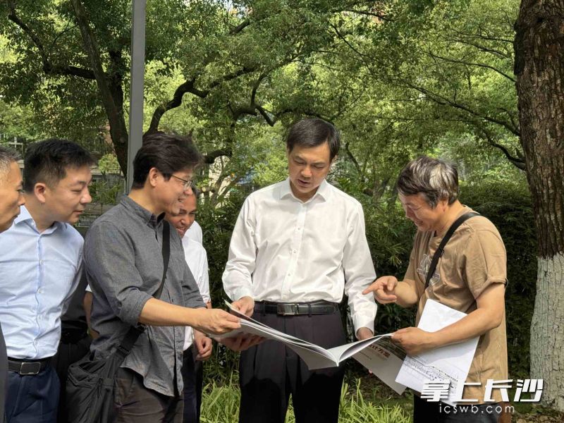 周海兵与设计单位负责人现场研究“馆园融合”建设方案。长沙晚报全媒体记者 黄汝兮 摄