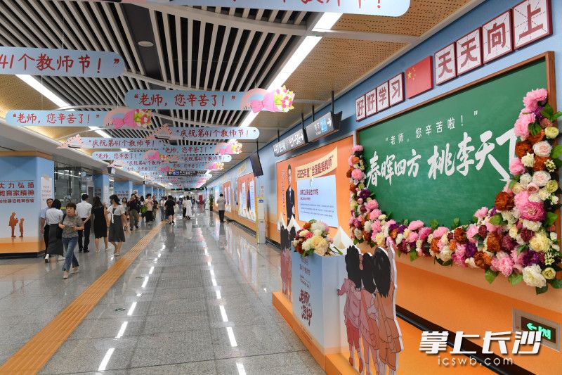地铁6号线迎宾路口站内，一处鲜花点缀的打卡点吸引市民驻足。