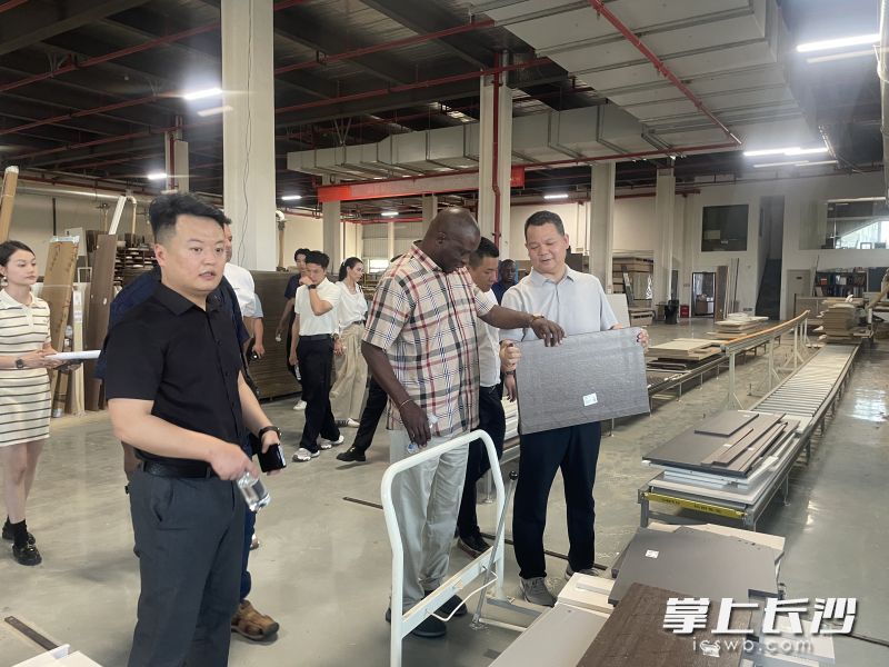 东云供应链在深耕国内市场的同时，积极瞄准中东、非洲等海外市场，图为北马塔贝莱兰省省长Richard Moyo带队参观智能化板材加工车间。  均为企业供图