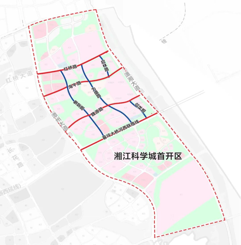 湘江科学城首开区“三纵四横”路网规划图。 湘江科学城首开区“三纵四横”路网规划图。