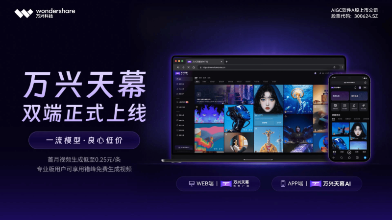 万兴科技的“天幕”大模型是国内首个备案的音视频多媒体大模型。