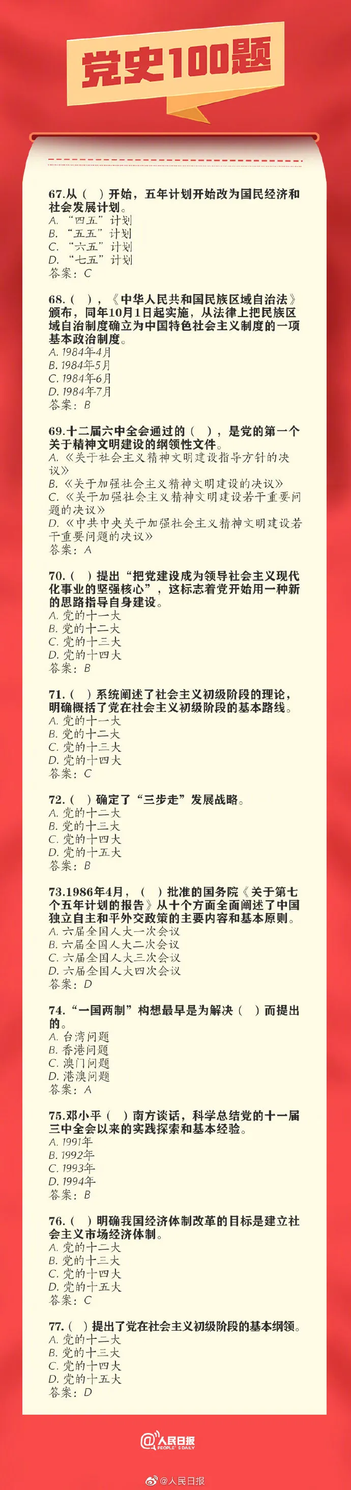 人民日报最新发布：党史100题！