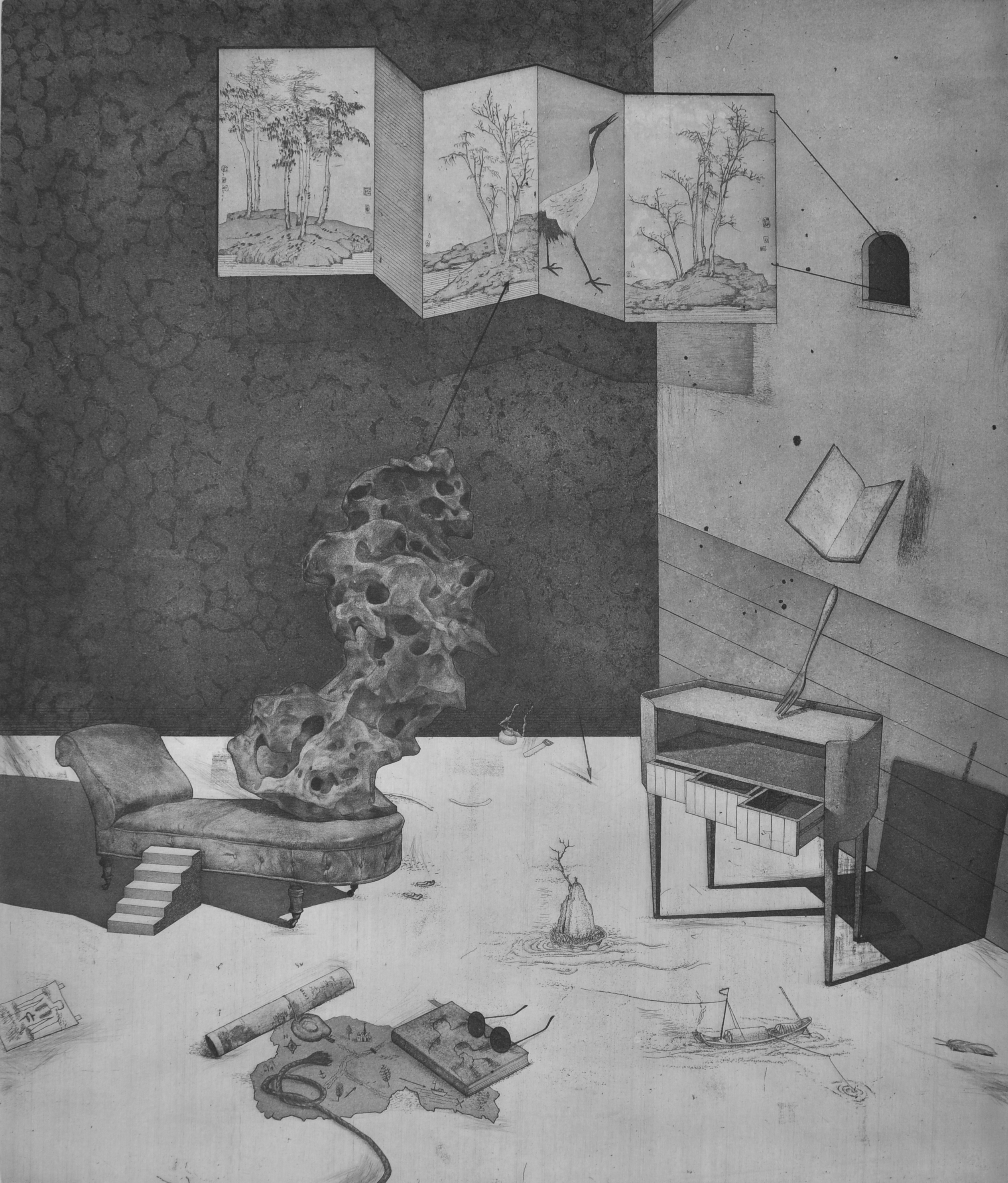 《云林与浮石》 50×60cm 铜版画 2016年.JPG